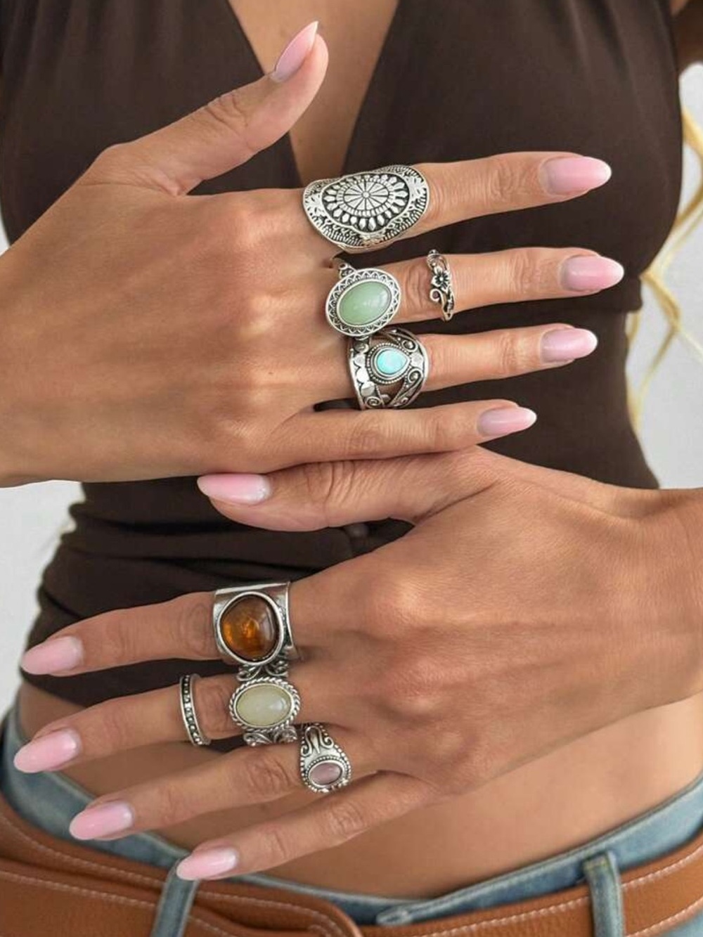 8pcs/Set Vintage Exaggerated Geometric Carved Resin Faux Gemstone Charm Jewelry